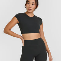 SoftMotion™ Short Sleeve Crop Top with White Logo | Soft Black