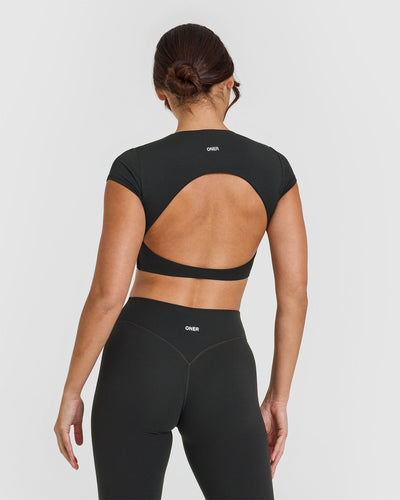SoftMotion™ Short Sleeve Crop Top with White Logo | Soft Black