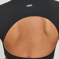 SoftMotion™ Short Sleeve Crop Top with White Logo | Soft Black