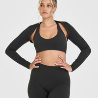 SoftMotion™ Long Sleeve Shrug with White Logo | Soft Black
