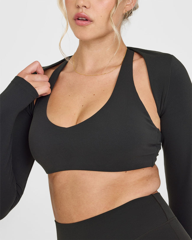 SoftMotion™ Long Sleeve Shrug with White Logo | Soft Black