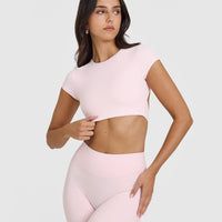 SoftMotion™ Short Sleeve Crop Top with White Logo | Ballet Pink
