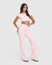 SoftMotion™ Short Sleeve Crop Top with White Logo | Ballet Pink