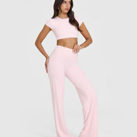 SoftMotion™ Short Sleeve Crop Top with White Logo | Ballet Pink