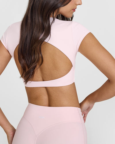 SoftMotion™ Short Sleeve Crop Top with White Logo | Ballet Pink