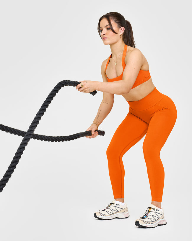 Effortless Seamless Leggings with White Logo | Flame Orange