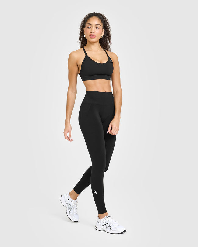 Effortless Seamless Leggings with White Logo | Black