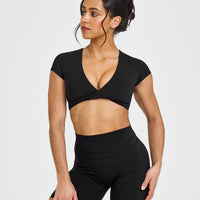 Unified Twist Front Short Sleeve Crop Top | Black