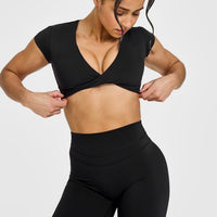 Unified Twist Front Short Sleeve Crop Top | Black