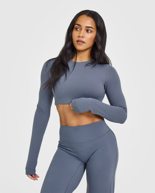 Oner Modal SoftMotion™ Long Sleeve Crop Top with White Logo | Granite Blue