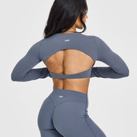SoftMotion™ Long Sleeve Crop Top with White Logo | Granite Blue