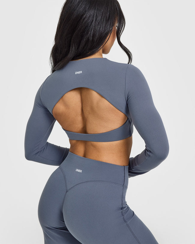 SoftMotion™ Long Sleeve Crop Top with White Logo | Granite Blue