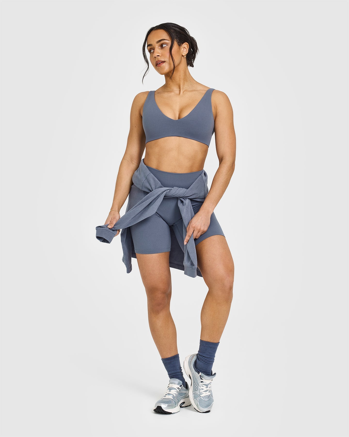 SoftMotion™ Scoop Back Bralette with White Logo | Granite Blue