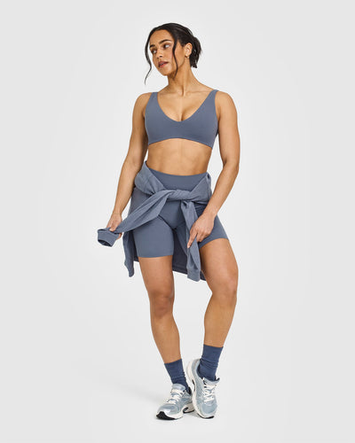 SoftMotion™ Scoop Back Bralette with White Logo | Granite Blue