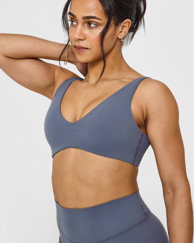 SoftMotion™ Scoop Back Bralette with White Logo | Granite Blue