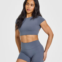 SoftMotion™ Short Sleeve Crop Top with White Logo | Granite Blue