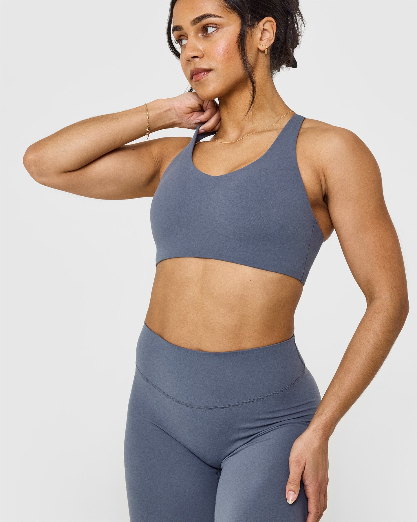 SoftMotion™ Sports Bra with White Logo | Granite Blue