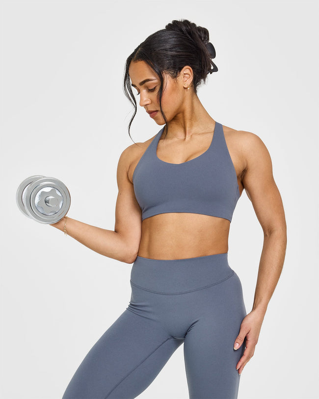 SoftMotion™ Sports Bra with White Logo | Granite Blue
