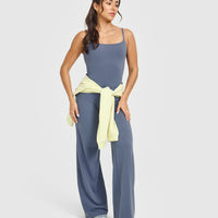 SoftMotion™ Strappy Mid Vest with Built in Bra Shelf with White Logo | Granite Blue