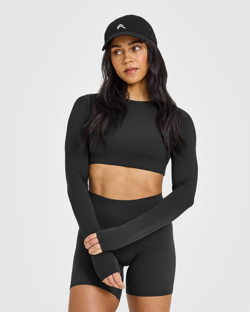 Oner Modal SoftMotion™ Long Sleeve Crop Top with White Logo | Soft Black