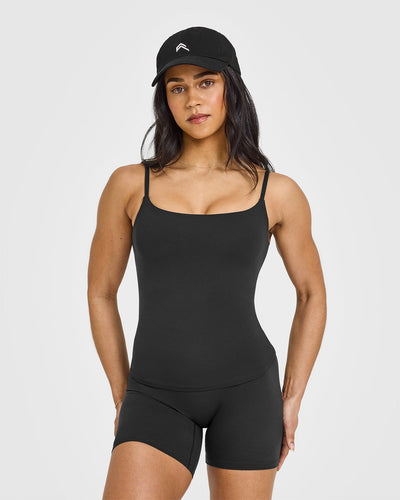 SoftMotion™ Strappy Vest with Built in Bra Shelf with White Logo | Soft Black