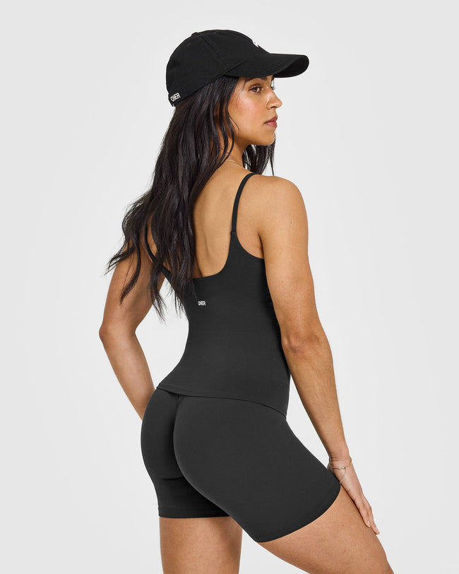 SoftMotion™ Strappy Vest with Built in Bra Shelf with White Logo | Soft Black