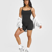 SoftMotion™ Strappy Vest with Built in Bra Shelf with White Logo | Soft Black