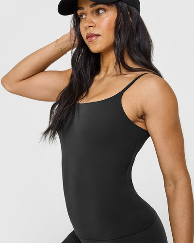 SoftMotion™ Strappy Vest with Built in Bra Shelf with White Logo | Soft Black
