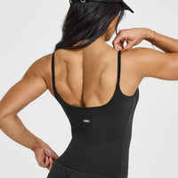SoftMotion™ Strappy Vest with Built in Bra Shelf with White Logo | Soft Black