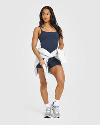 SoftMotion™ Strappy Vest with Built in Bra Shelf with White Logo | True Blue