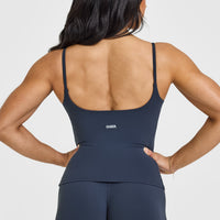 SoftMotion™ Strappy Vest with Built in Bra Shelf with White Logo | True Blue