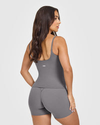 SoftMotion™ Strappy Vest with Built in Bra Shelf with White Logo | Ash Grey