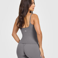 SoftMotion™ Strappy Vest with Built in Bra Shelf with White Logo | Ash Grey