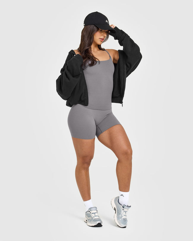 SoftMotion™ Strappy Vest with Built in Bra Shelf with White Logo | Ash Grey