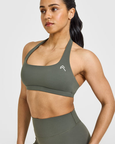 EasyLift™ Halter Bralette with White Logo | Dark Khaki