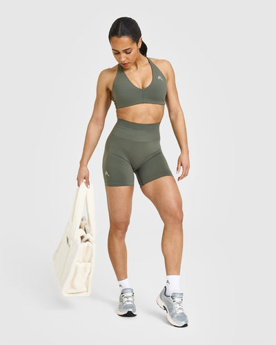 Effortless Seamless Shorts with White Logo | Dark Khaki