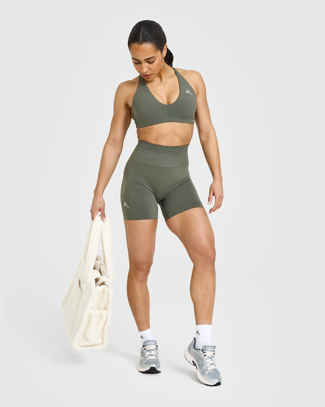 Effortless Seamless Shorts with White Logo | Dark Khaki