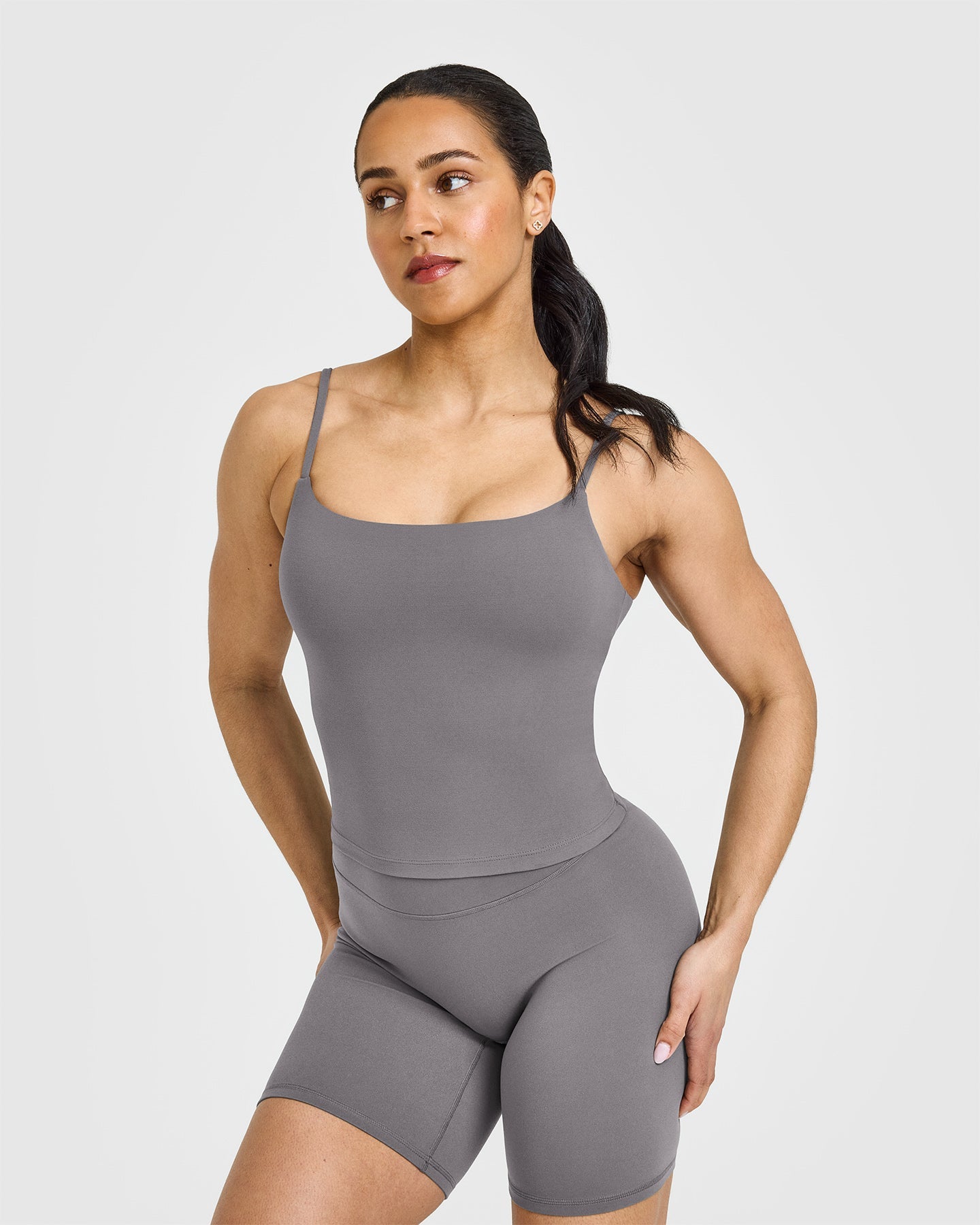 SoftMotion™ Strappy Mid Vest with Built in Bra Shelf with White Logo | Ash Grey