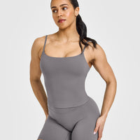 SoftMotion™ Strappy Mid Vest with Built in Bra Shelf with White Logo | Ash Grey