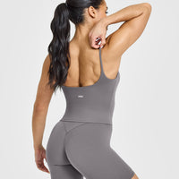 SoftMotion™ Strappy Mid Vest with Built in Bra Shelf with White Logo | Ash Grey