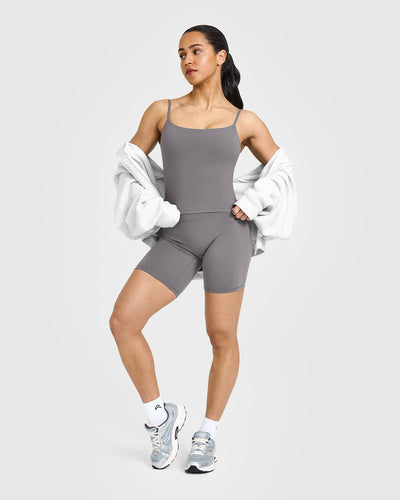 SoftMotion™ Strappy Mid Vest with Built in Bra Shelf with White Logo | Ash Grey