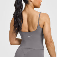 SoftMotion™ Strappy Mid Vest with Built in Bra Shelf with White Logo | Ash Grey