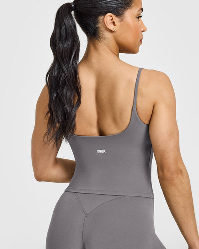 SoftMotion™ Strappy Mid Vest with Built in Bra Shelf with White Logo | Ash Grey