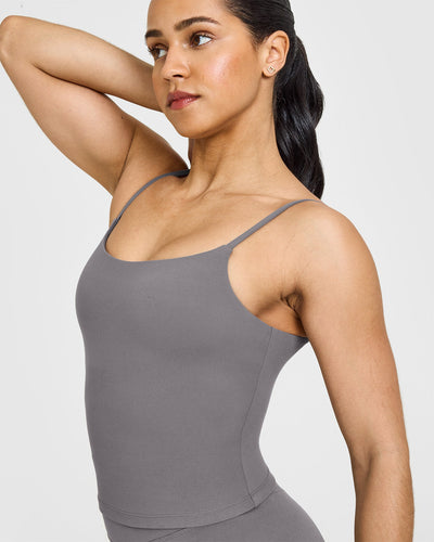 SoftMotion™ Strappy Mid Vest with Built in Bra Shelf with White Logo | Ash Grey