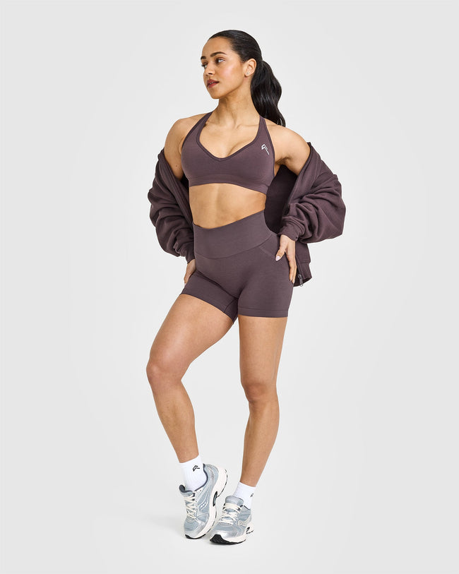 Effortless Seamless Racer Back Sports Bra with White Logo | Umber Brown