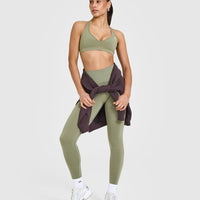 Effortless Seamless Racer Back Sports Bra with White Logo | Deep Sage Green