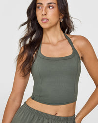 Mellow™ Rib Halter Neck Mid Vest with Built in Bra Shelf | Dark Khaki