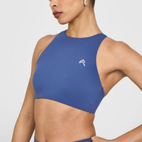 EasyLift™ High Neck Sports Bra with White Logo | Shadow Blue