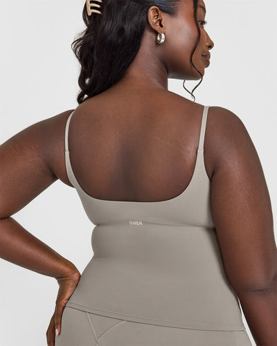 SoftMotion™ Strappy Vest with Built in Bra Shelf with White Logo | Warm Sand
