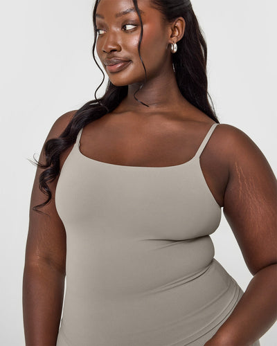 SoftMotion™ Strappy Vest with Built in Bra Shelf with White Logo | Warm Sand
